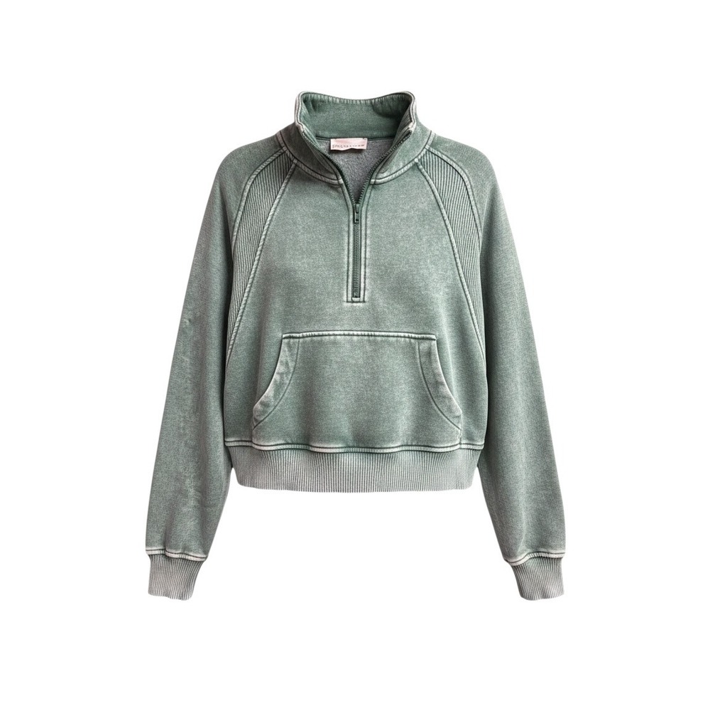 Zenana Women Green Mineral Wash Quarter Zip Pullover Sweatshirt OTW-4370Y Medium
